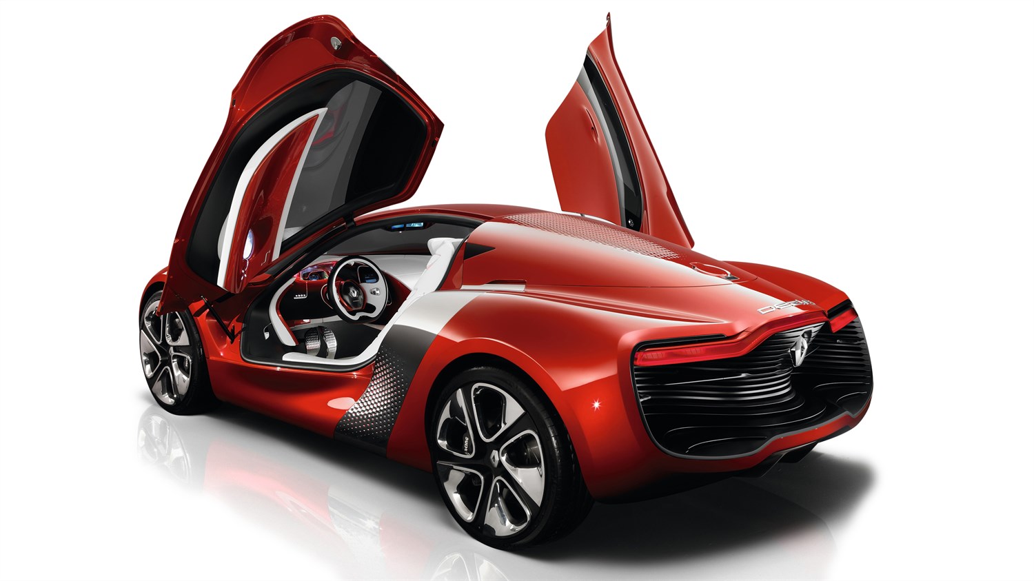 Renault DEZIR Concept - véhicule en 3D - vue 3/4 arrière avec portières ouvertes