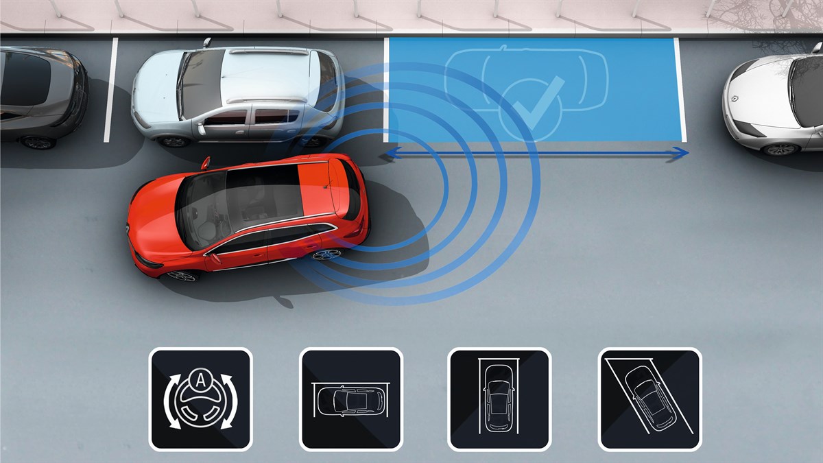 Renault Pack Easy Park Assist - schéma véhicule rouge se gare seul automatiquement